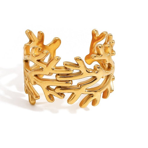 Lyza Jewels, LLC 18k gold stainless steel adjustable ring with intricate tree branch design.