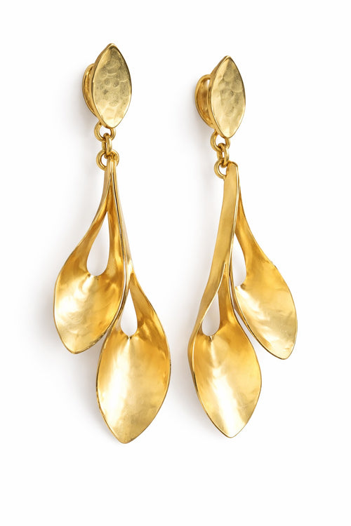 Lyza Jewels, LLC 18K gold plated brass peacock earrings with intricate detailing. Elegant statement jewelry.