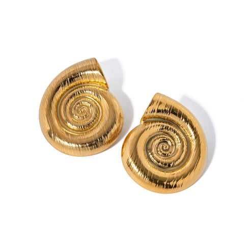 Lyza Jewels, LLC 18k gold brushed stainless steel conch spiral earrings with organic design.