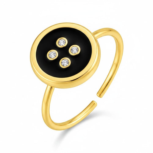 Lyza Jewels, LLC adjustable button ring in 18k gold-plated stainless steel with black enamel and four clear stones.