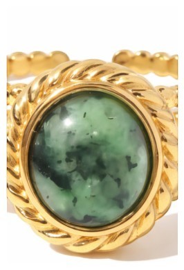 Lyza Jewels, LLC 18k gold stainless steel adjustable ring with a green African turquoise stone and twisted rope detail.