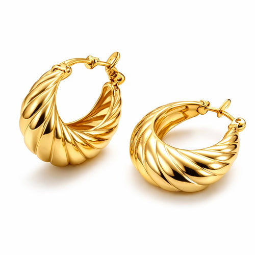 Lyza Jewels, LLC 18K gold plated stainless steel chunky twisted hoop earrings. Hypoallergenic and durable.