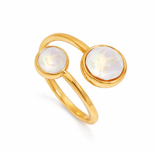 Lyza Jewels, LLC 18k gold plated stainless steel adjustable ring with two round white cubic zirconia stones.