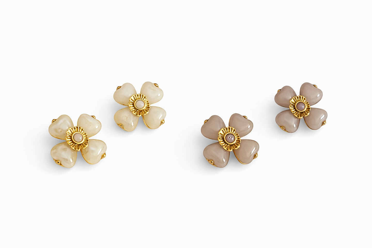 Lyza Jewels, LLC soft flower earrings in cream and taupe, crafted from 18K stainless steel with gold accents.