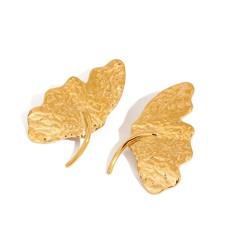 Lyza Jewels, LLC 18k gold-plated stainless steel gingko leaf earrings with hammered texture.