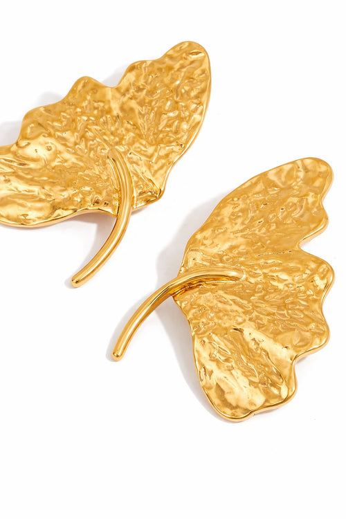Lyza Jewels, LLC 18k gold-plated stainless steel gingko leaf earrings with hammered texture.