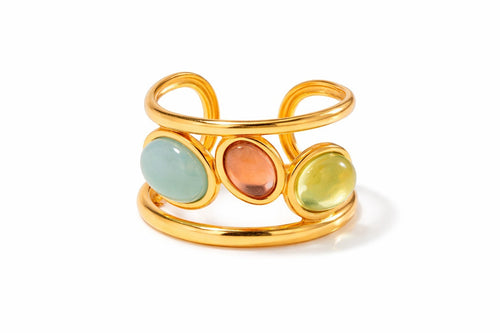 Lyza Jewels, LLC gold adjustable ring with three oval pastel stones in blue, peach, and green.