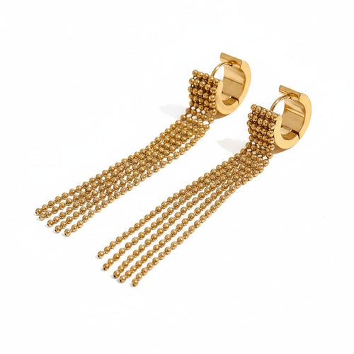 Lyza Jewels, LLC gold-tone stainless steel ball chain tassel hoop earrings with polished finish.