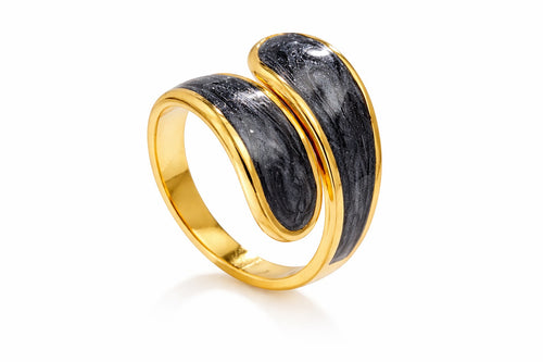 Lyza Jewels, LLC gold stainless steel adjustable ring with double wavy black enamel inlay.
