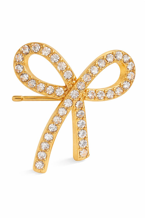 Lyza Jewels, LLC gold-tone stainless steel bow stud earrings with clear crystals. Hypoallergenic.