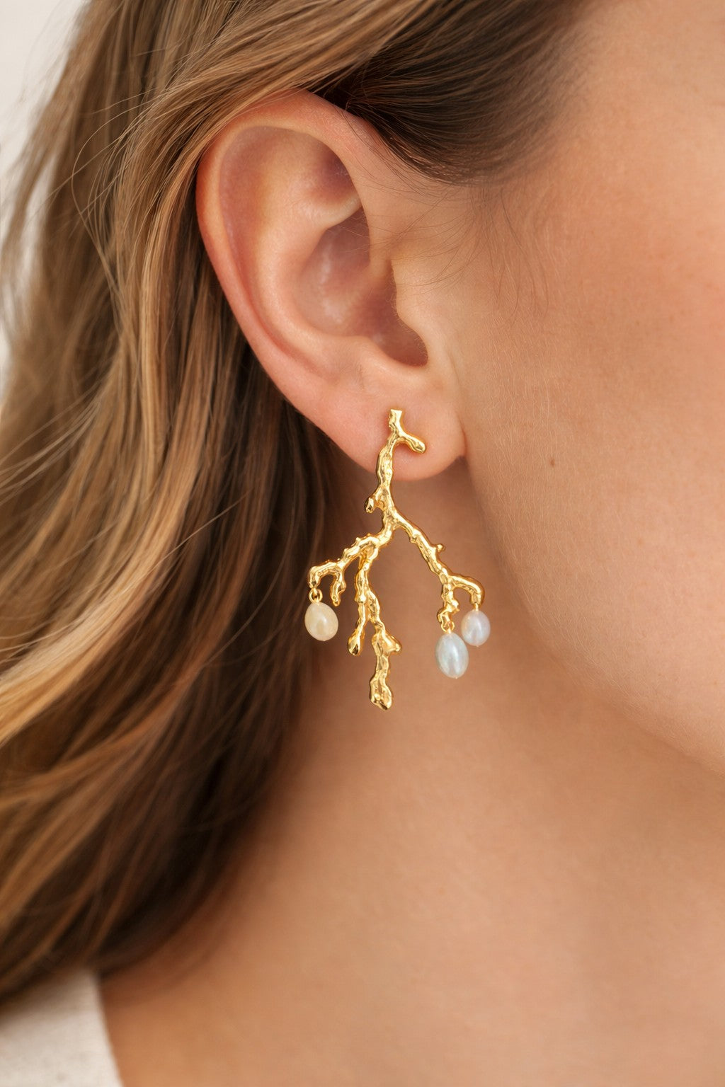 Lyza Jewels, LLC 18K gold plated brass branch earrings with pearl accents. Organic, nature-inspired design.