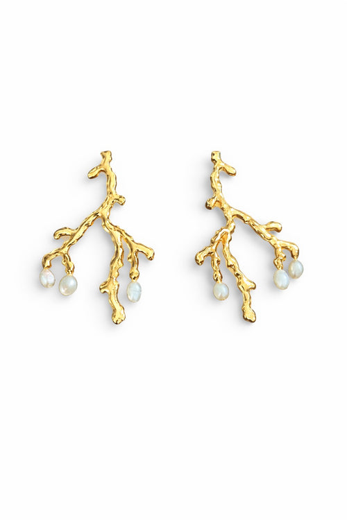 Lyza Jewels, LLC gold plated brass branch earrings with pearl accents, organic design.
