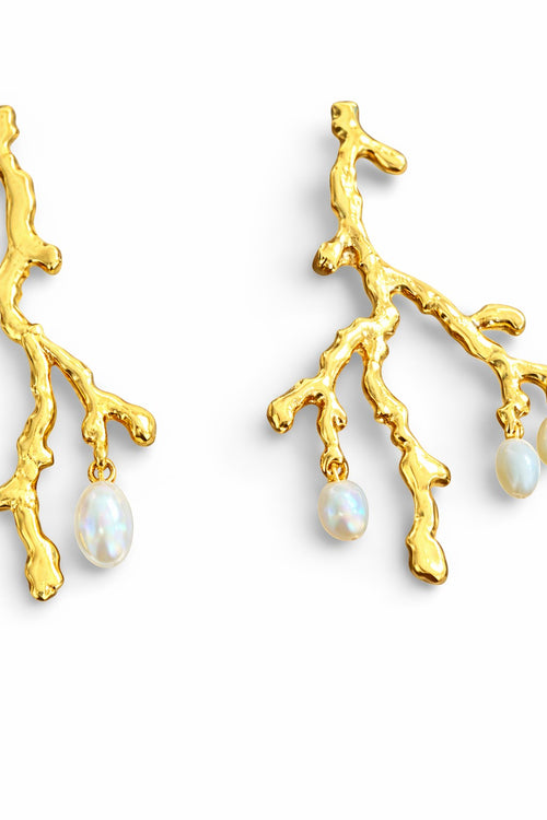 Lyza Jewels, LLC 18K gold plated brass branch earrings with dangling pearls. Organic, nature-inspired design.