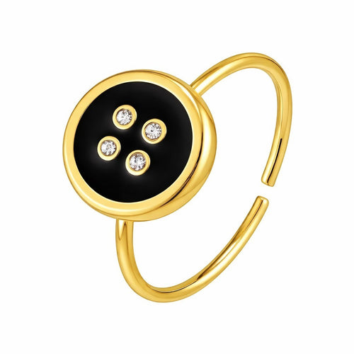 Lyza Jewels, LLC 18k gold adjustable button ring with black enamel and four clear stones.