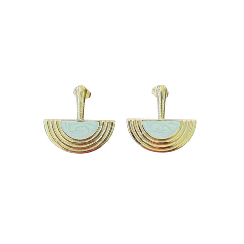 Lyza Jewels, LLC gold fan stud earrings with light blue pearlescent inlay and Art Deco design. Stainless steel.