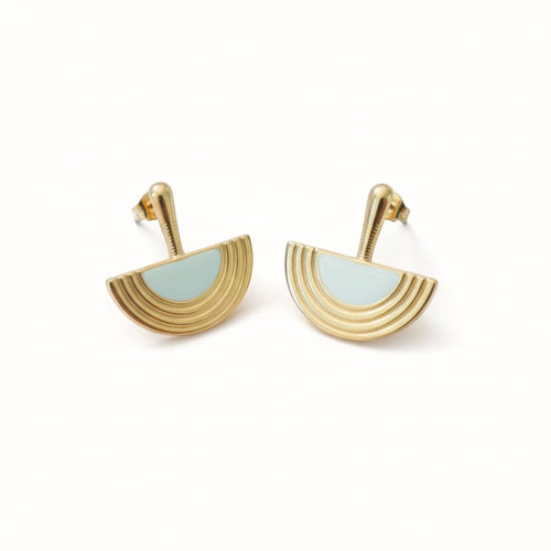 Lyza Jewels, LLC gold fan stud earrings with light blue inlay, stainless steel, tarnish-free.
