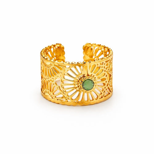 Lyza Jewels, LLC 18k gold adjustable ring with intricate filigree and a central green stone.