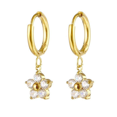 Lyza Jewels, LLC gold stainless steel hoop earrings with dangling floral zirconia charms.