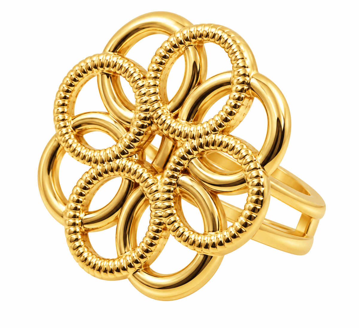 Lyza Jewels, LLC gold-plated stainless steel statement ring featuring an intricate floral design with rope detailing.