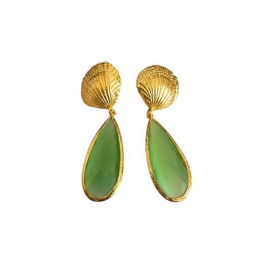 Lyza Jewels, LLC gold-plated brass drop earrings with textured shell tops and green teardrop stones.