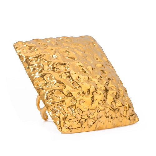 Lyza Jewels, LLC gold-tone stainless steel adjustable square hammered ring with organic textured surface.