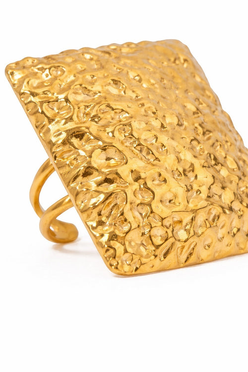 Lyza Jewels, LLC gold-tone stainless steel adjustable square ring with hammered texture.