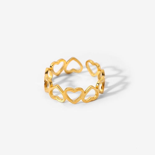 Lyza Jewels, LLC gold 18k stainless steel adjustable ring with connected heart motifs symbolizing love and unity.