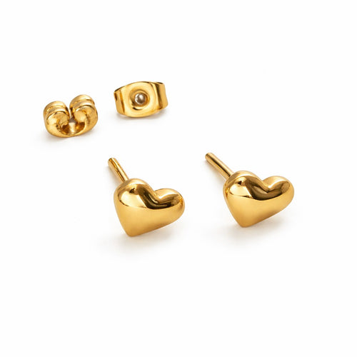 Lyza Jewels, LLC 18k gold stainless steel heart stud earrings with butterfly backs. Hypoallergenic and tarnish-resistant.