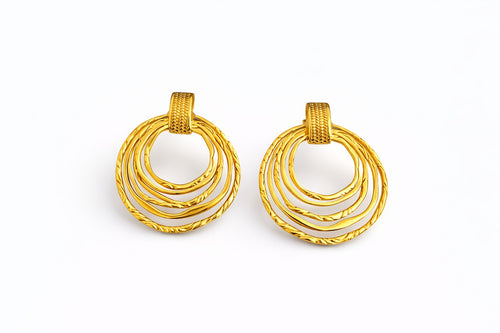 Lyza Jewels, LLC gold stainless steel textured orbit hoop earrings with concentric rings.