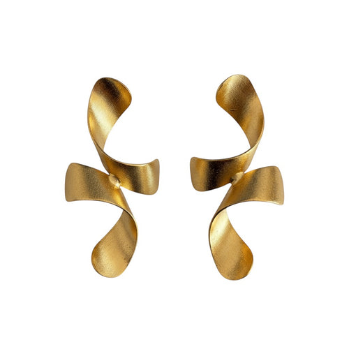 Lyza Jewels, LLC 18K gold plated brass inverted design earrings with a textured finish.