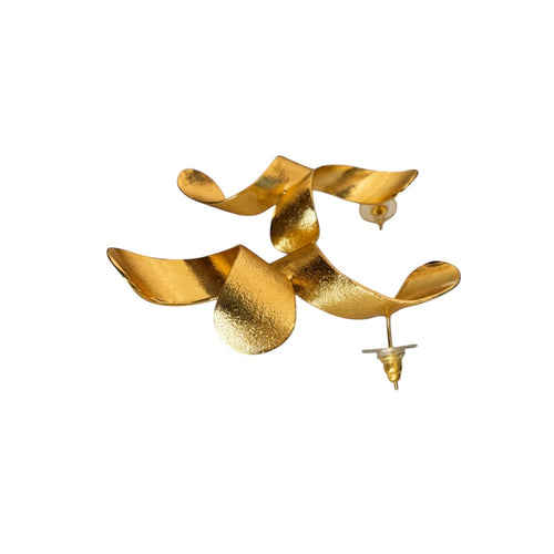 Lyza Jewels, LLC 18K gold plated brass earrings with an inverted, abstract design. Textured gold finish.