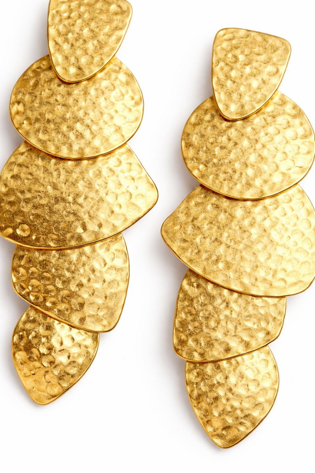 Lyza Jewels, LLC hammered gold plated brass layered dangle earrings. Textured, multi-tiered design.