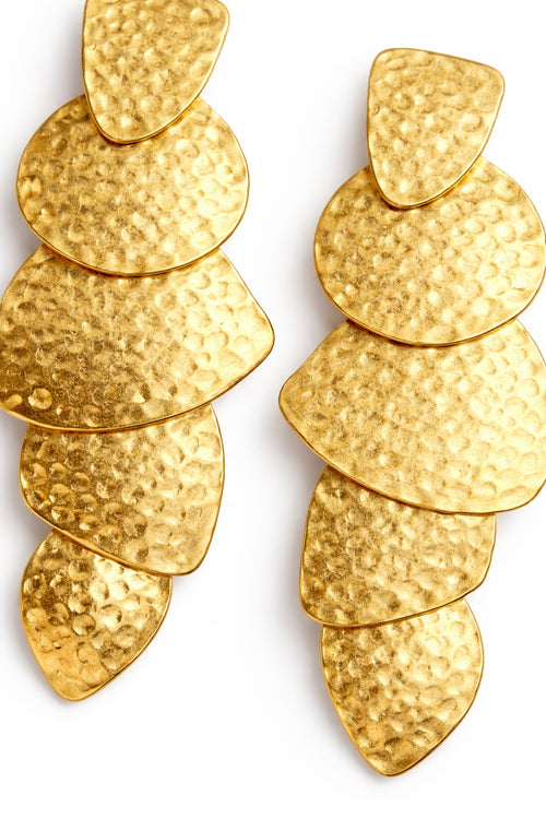 Lyza Jewels, LLC hammered gold plated brass layered dangle earrings. Textured, multi-tiered design.