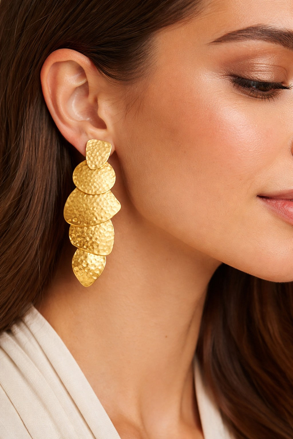 Lyza Jewels, LLC gold plated layered brass earrings with hammered texture. Statement dangle earrings.