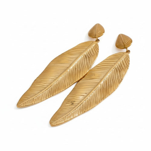 Lyza Jewels, LLC gold-tone stainless steel leaf drop earrings with textured detail. Water-resistant and tarnish-free.