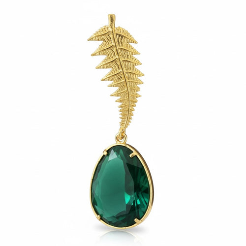 Lyza Jewels, LLC gold plated brass drop earrings with leafy design and teardrop green gemstone.