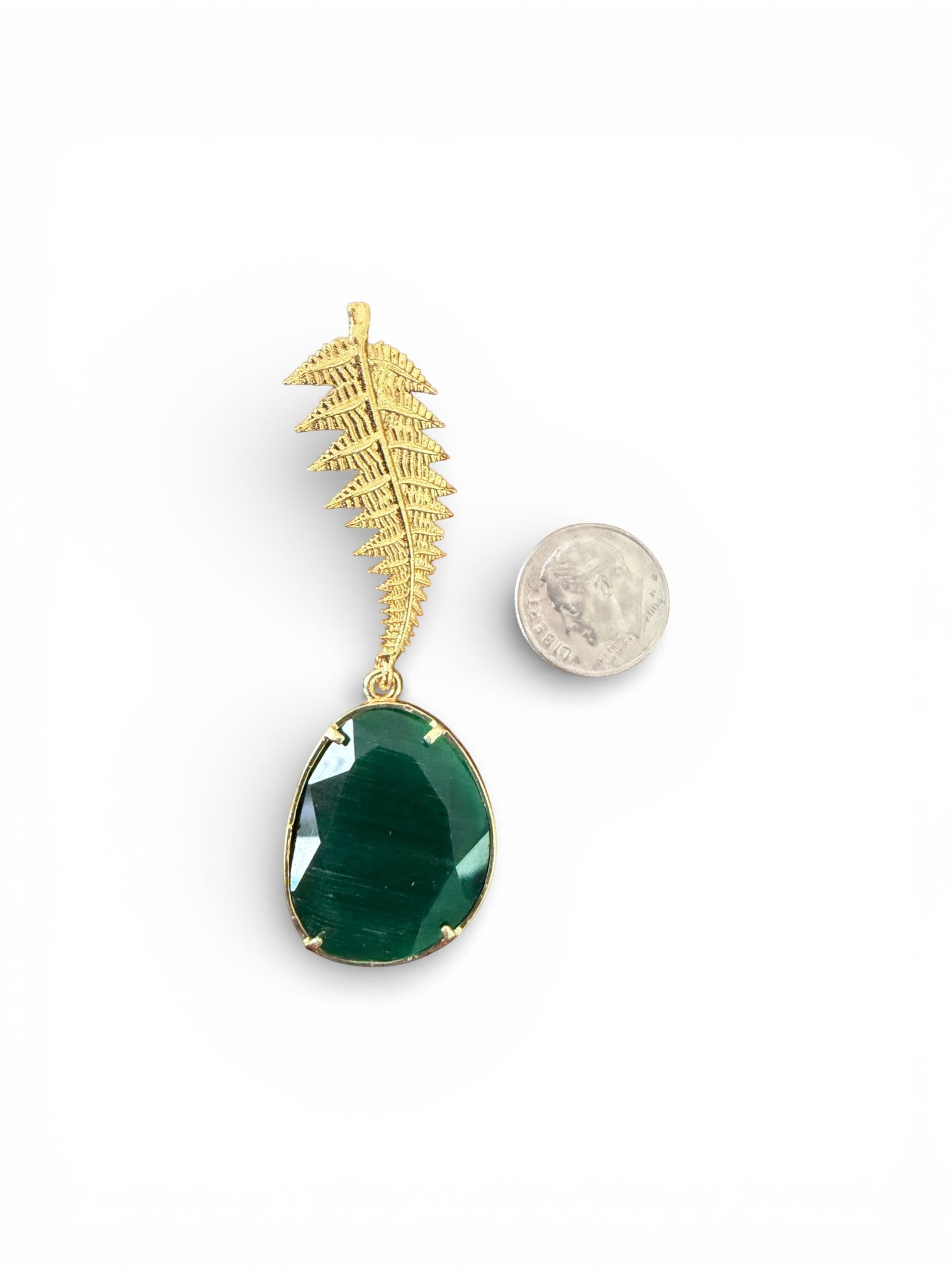 Lyza Jewels, LLC 18K gold plated brass drop earrings with a leafy design and a faceted green gemstone.