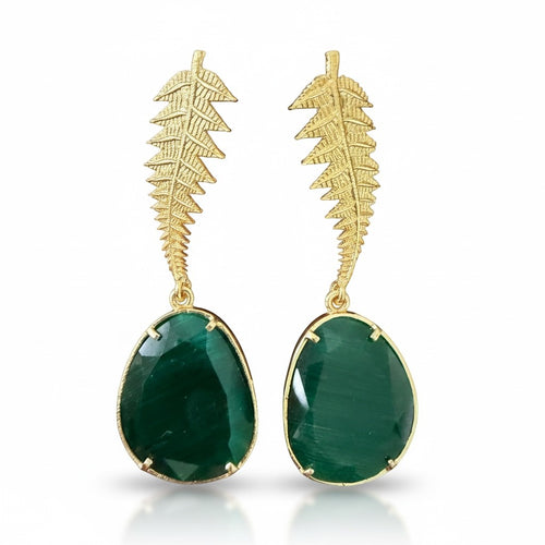 Lyza Jewels, LLC gold plated brass drop earrings with green gemstones and leafy design.