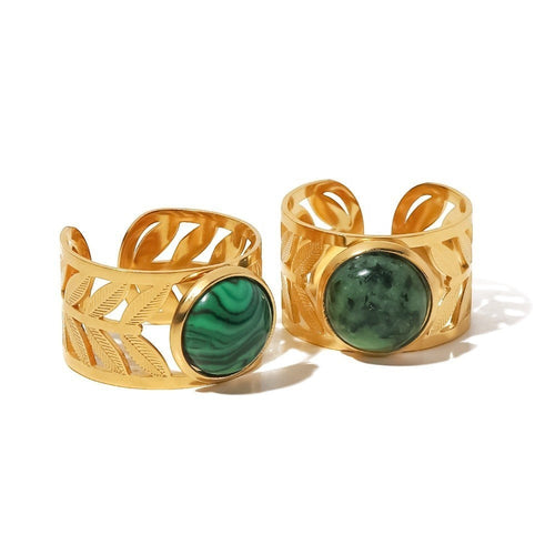 Lyza Jewels, LLC adjustable gold stainless steel ring with carved leaf design and green malachite stone.