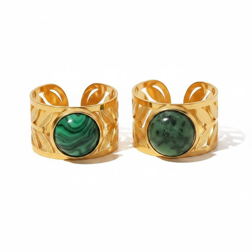 Lyza Jewels, LLC gold stainless steel adjustable ring with green malachite stone and leaf cutout design