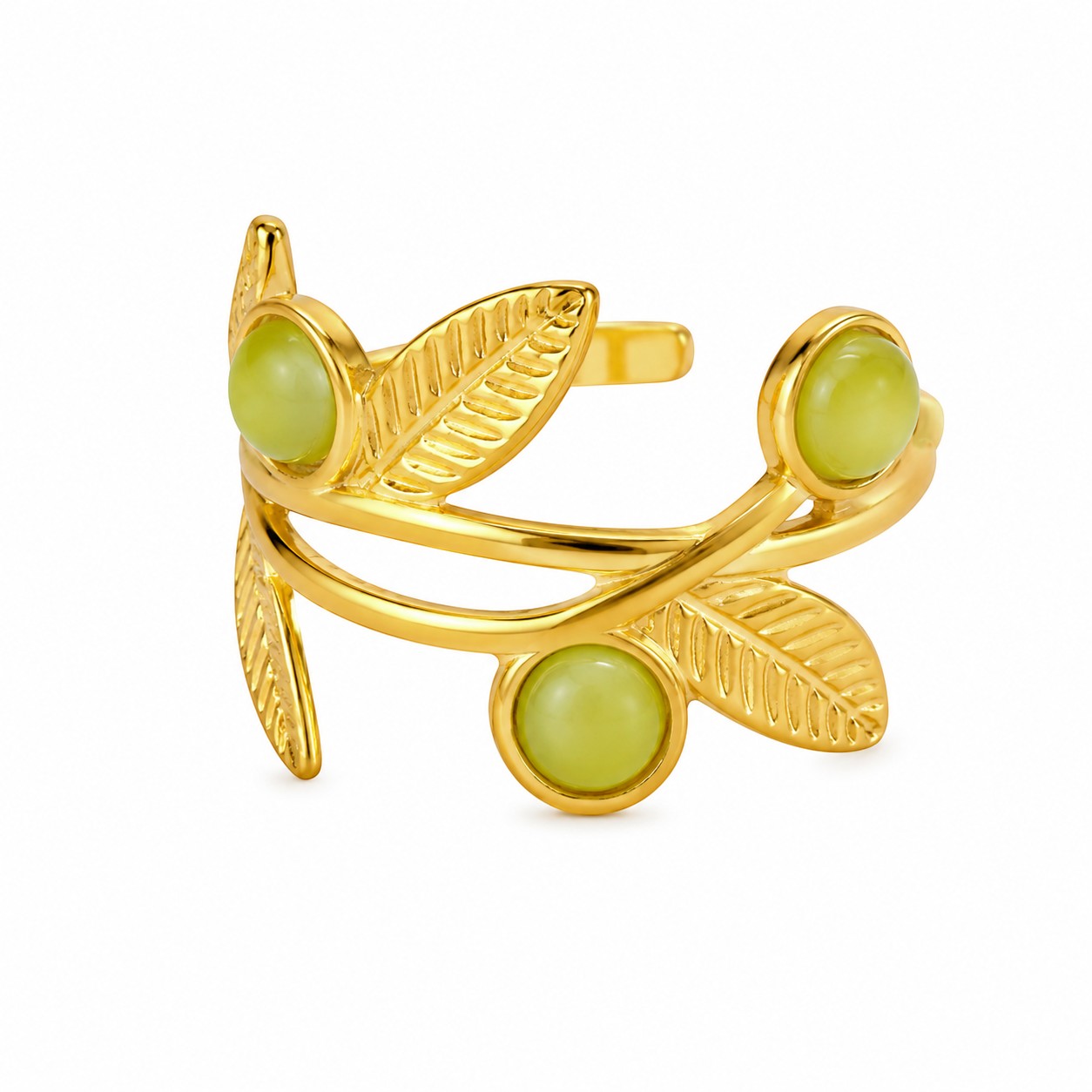 Lyza Jewels, LLC gold-tone statement ring featuring a botanical leaf design and sage-green cabochon accents.