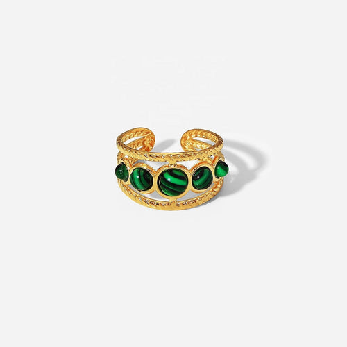 Lyza Jewels, LLC adjustable gold stainless steel ring with five green malachite stones in a multi-stone design.