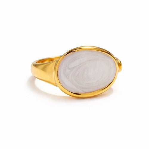 Lyza Jewels, LLC 18k gold adjustable ring with white mother-of-pearl inlay and swirling enamel detail.
