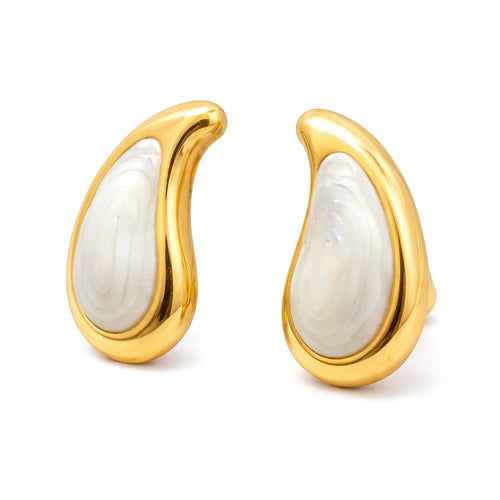 Lyza Jewels, LLC gold-toned stainless steel teardrop studs with mother-of-pearl inlay.