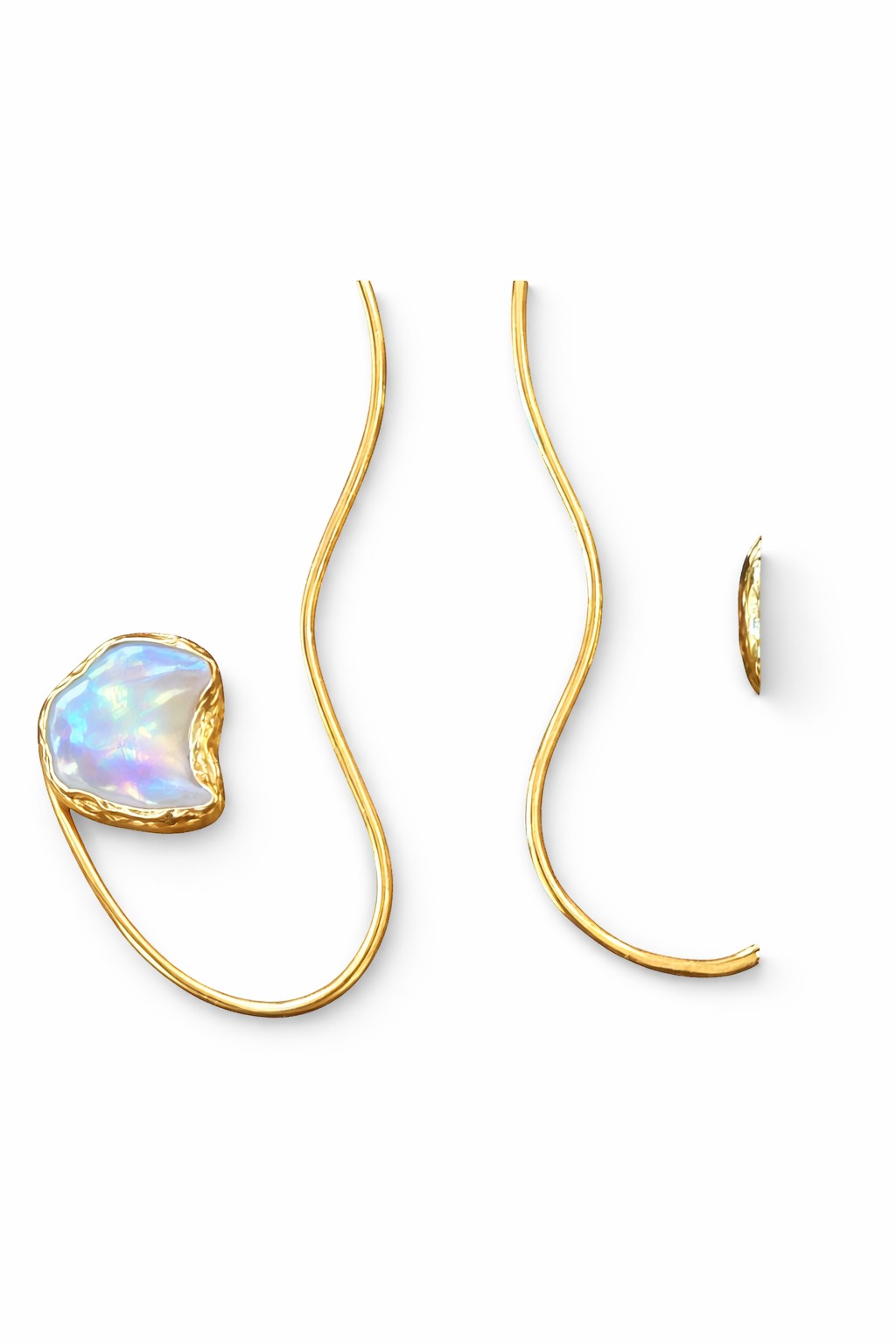 Lyza Jewels, LLC 18K gold plated brass earrings with iridescent white gemstone, unique wavy design.