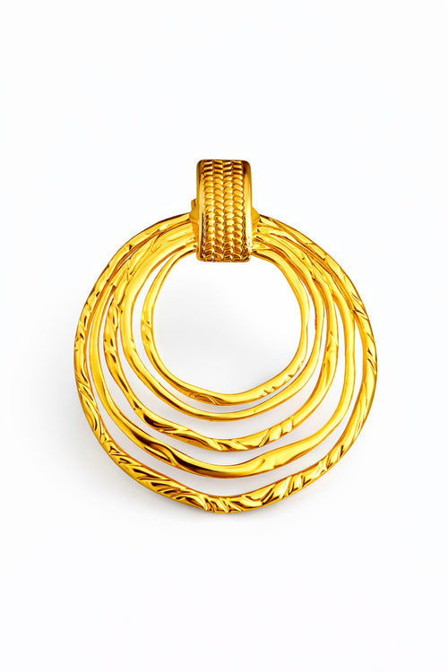 Lyza Jewels, LLC gold stainless steel textured orbit hoop earrings with concentric rings and a woven top detail.