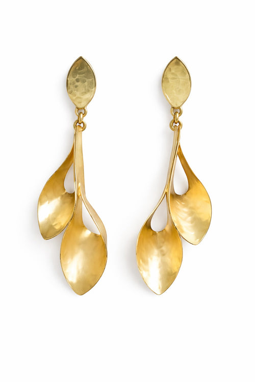 Lyza Jewels, LLC 18K gold plated brass peacock earrings with hammered finish top. Elegant statement jewelry.