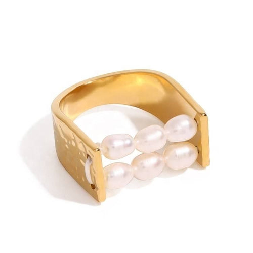 Lyza Jewels, LLC gold stainless steel adjustable ring with two rows of freshwater pearls.