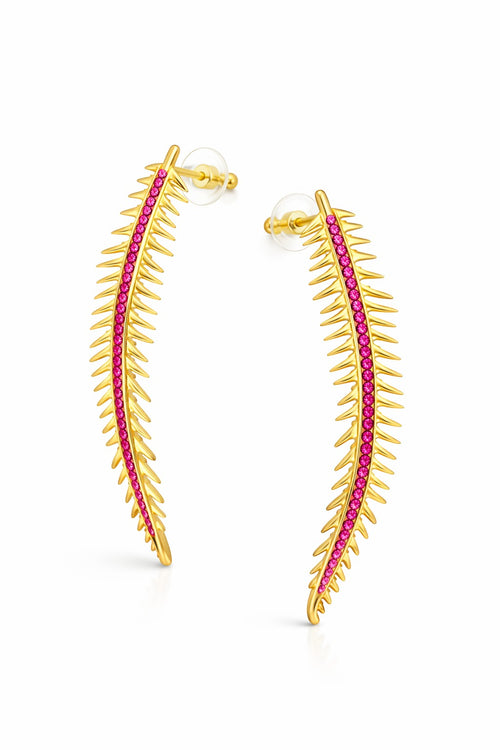 Lyza Jewels, LLC gold plated brass earrings with pink stones in a delicate leaf design.