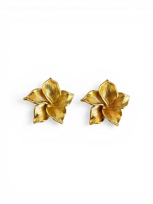 Lyza Jewels, LLC gold tone stainless steel plumeria flower stud earrings. Detailed petals.